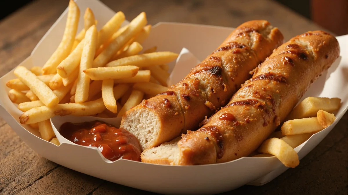 Garlic breadsticks and fries with dipping sauce in tray.