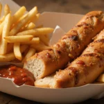 Garlic breadsticks and fries with dipping sauce in tray.