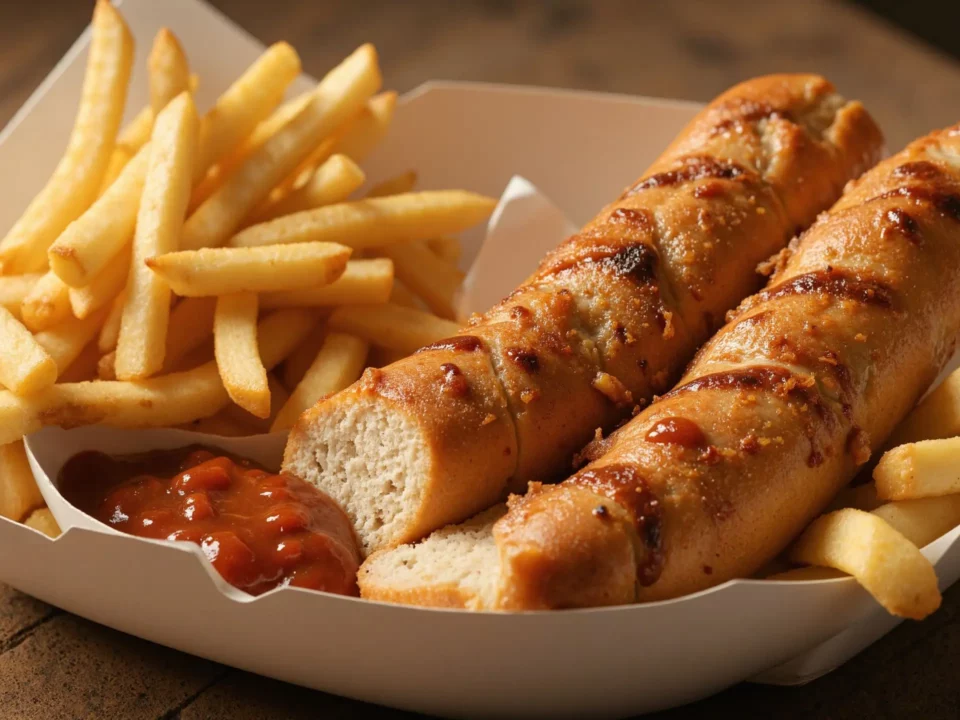 Garlic breadsticks and fries with dipping sauce in tray.