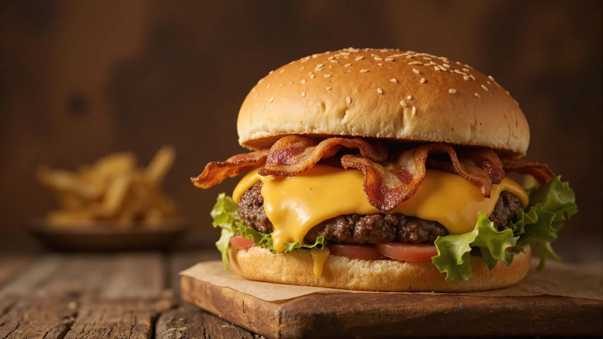 Cheeseburger with bacon, lettuce, and tomato on wooden board.