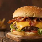 Cheeseburger with bacon, lettuce, and tomato on wooden board.
