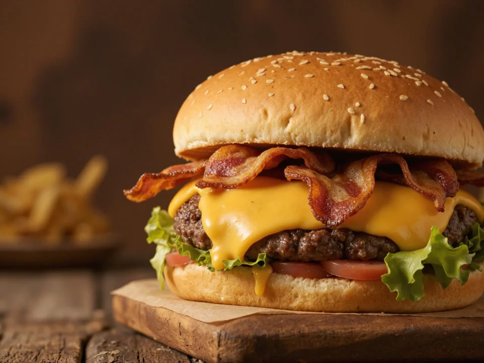 Cheeseburger with bacon, lettuce, and tomato on wooden board.