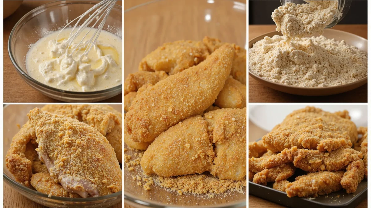 Breading chicken with flour and egg mixture process.