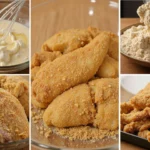Breading chicken with flour and egg mixture process.