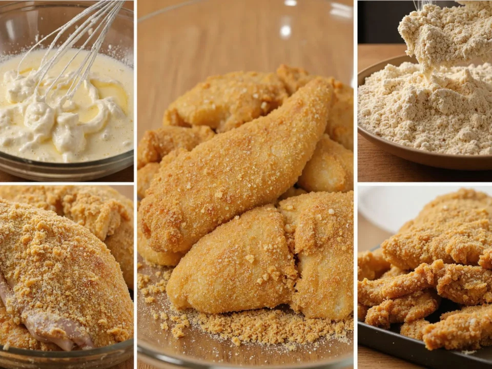Breading chicken with flour and egg mixture process.