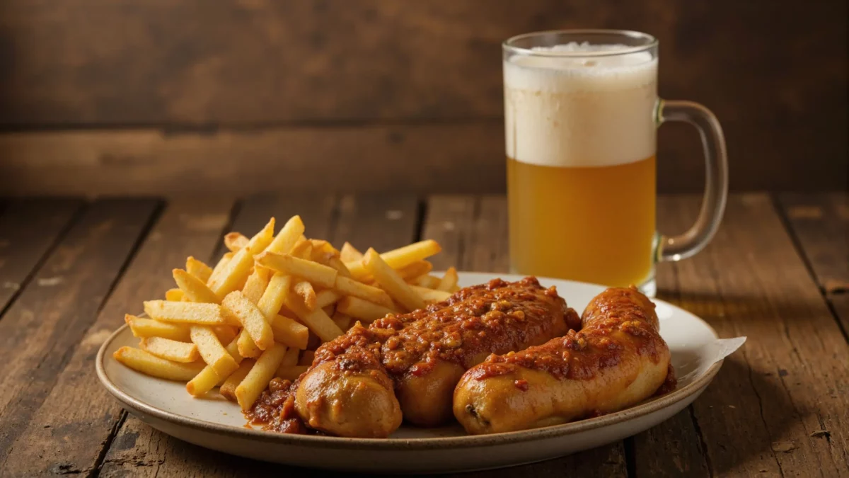 Plate of sausages with fries and a beer mug.