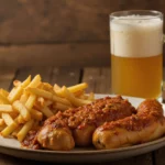 Plate of sausages with fries and a beer mug.