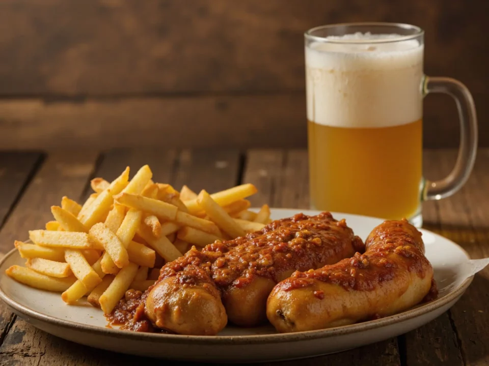 Plate of sausages with fries and a beer mug.