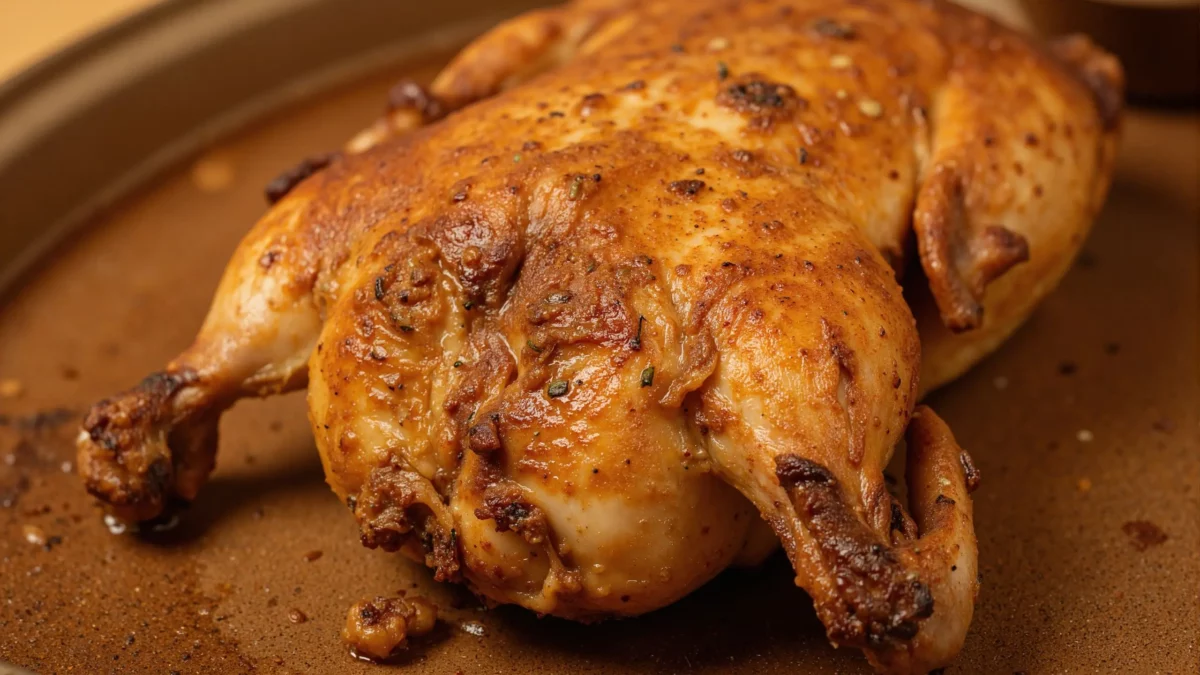 Roasted whole chicken with crispy golden skin on a platter.