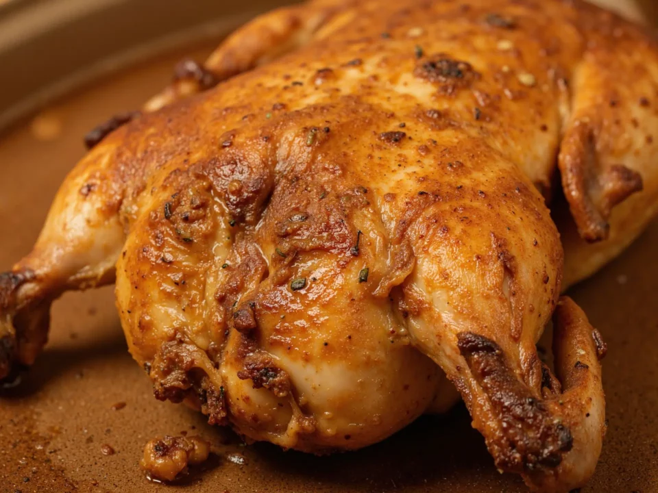 Roasted whole chicken with crispy golden skin on a platter.