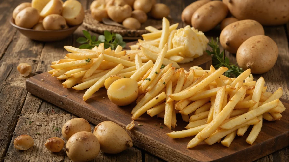 Assorted crispy French fries with potatoes on rustic wooden board.