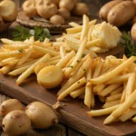 Assorted crispy French fries with potatoes on rustic wooden board.