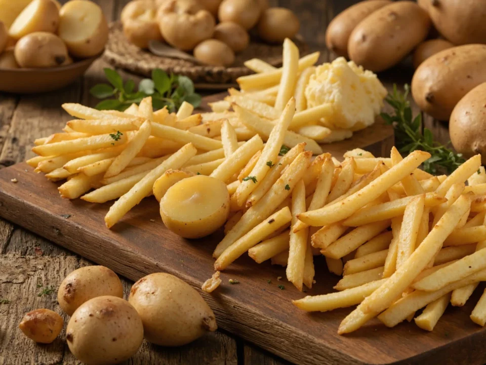 Assorted crispy French fries with potatoes on rustic wooden board.