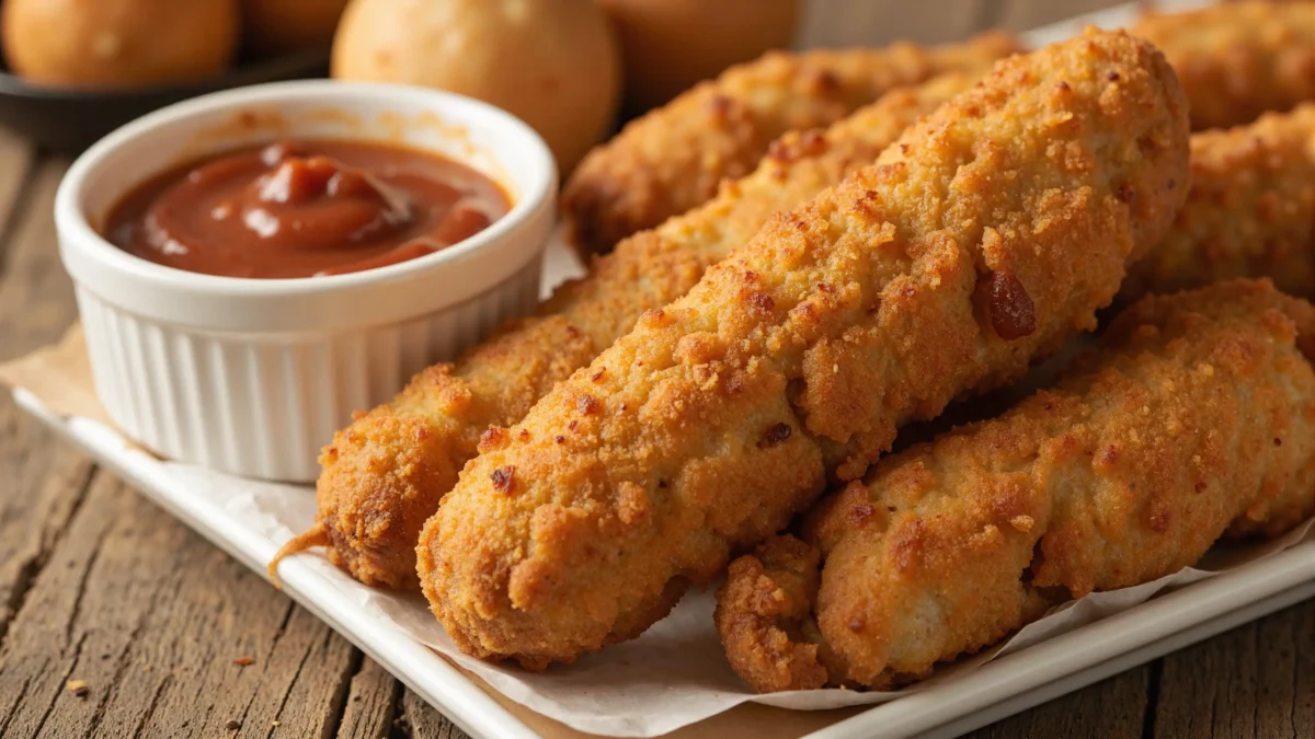 Crispy corn dogs with dipping sauce on wooden table.