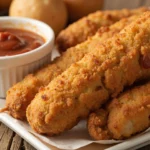 Crispy corn dogs with dipping sauce on wooden table.