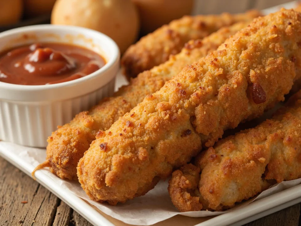 Crispy corn dogs with dipping sauce on wooden table.