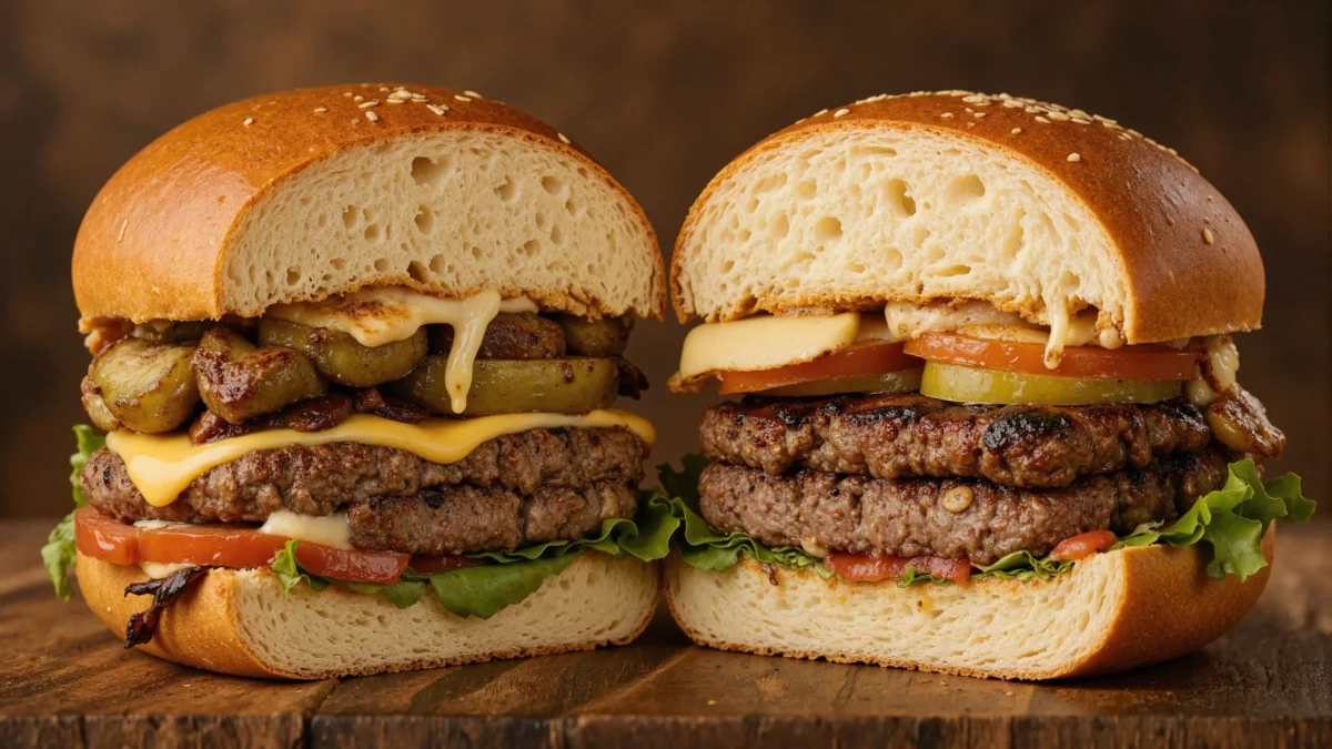 Two gourmet cheeseburgers with lettuce, tomato, and pickles on buns.