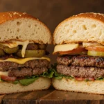 Two gourmet cheeseburgers with lettuce, tomato, and pickles on buns.