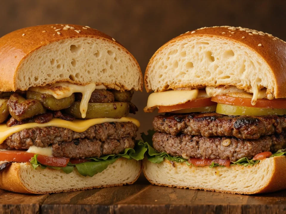 Two gourmet cheeseburgers with lettuce, tomato, and pickles on buns.