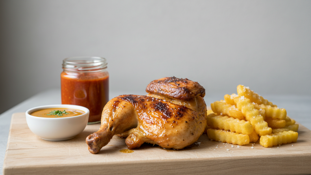 Roast chicken with crinkle fries and dipping sauces.