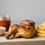 Roast chicken with crinkle fries and dipping sauces.