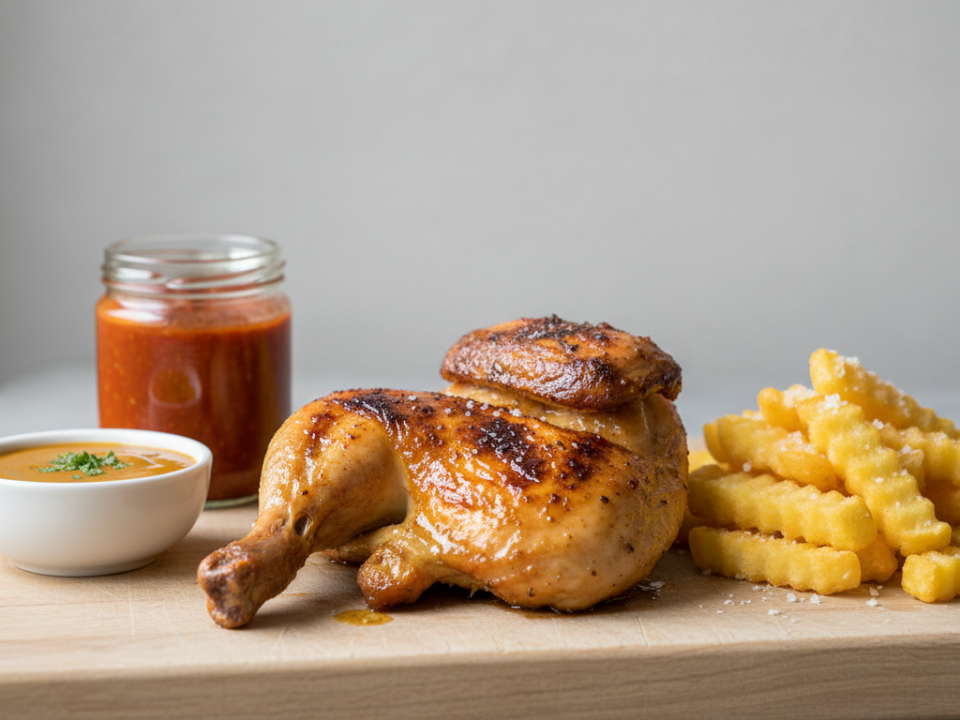 Roast chicken with crinkle fries and dipping sauces.