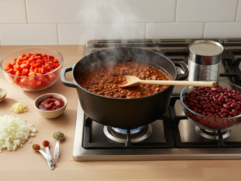 Steaming chili pot with ingredients on kitchen stove.