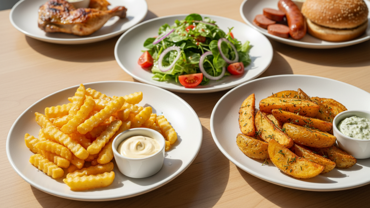 Assorted dishes with fries, salad, chicken, and sausages on plates.