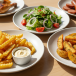 Assorted dishes with fries, salad, chicken, and sausages on plates.