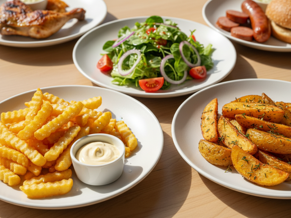 Assorted dishes with fries, salad, chicken, and sausages on plates.