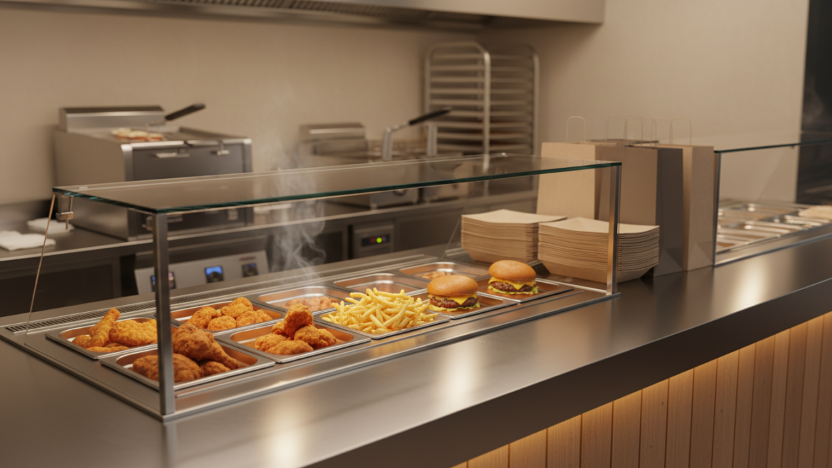 Fast food counter with fried chicken, fries, and burgers.
