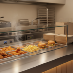 Fast food counter with fried chicken, fries, and burgers.