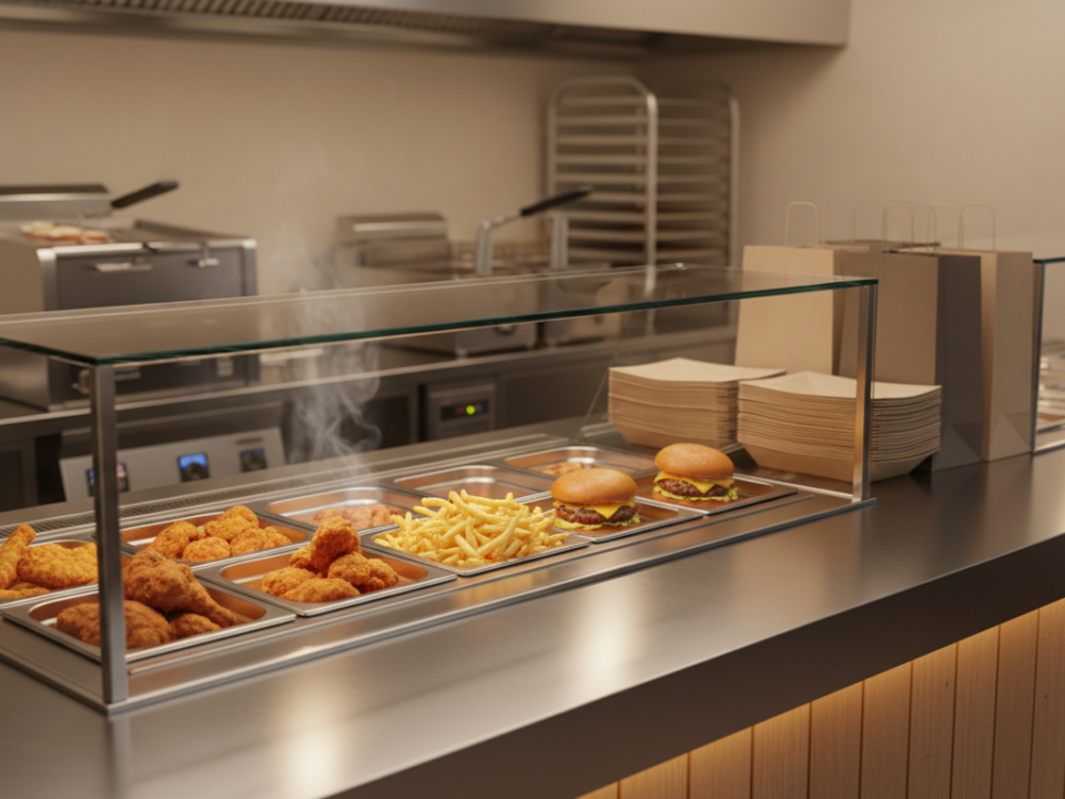 Fast food counter with fried chicken, fries, and burgers.