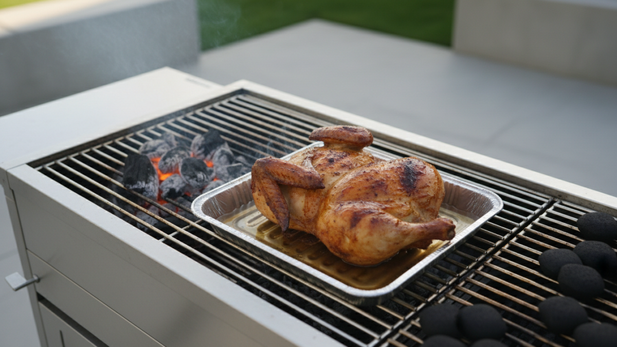 Grilled whole chicken on barbecue with charcoal.