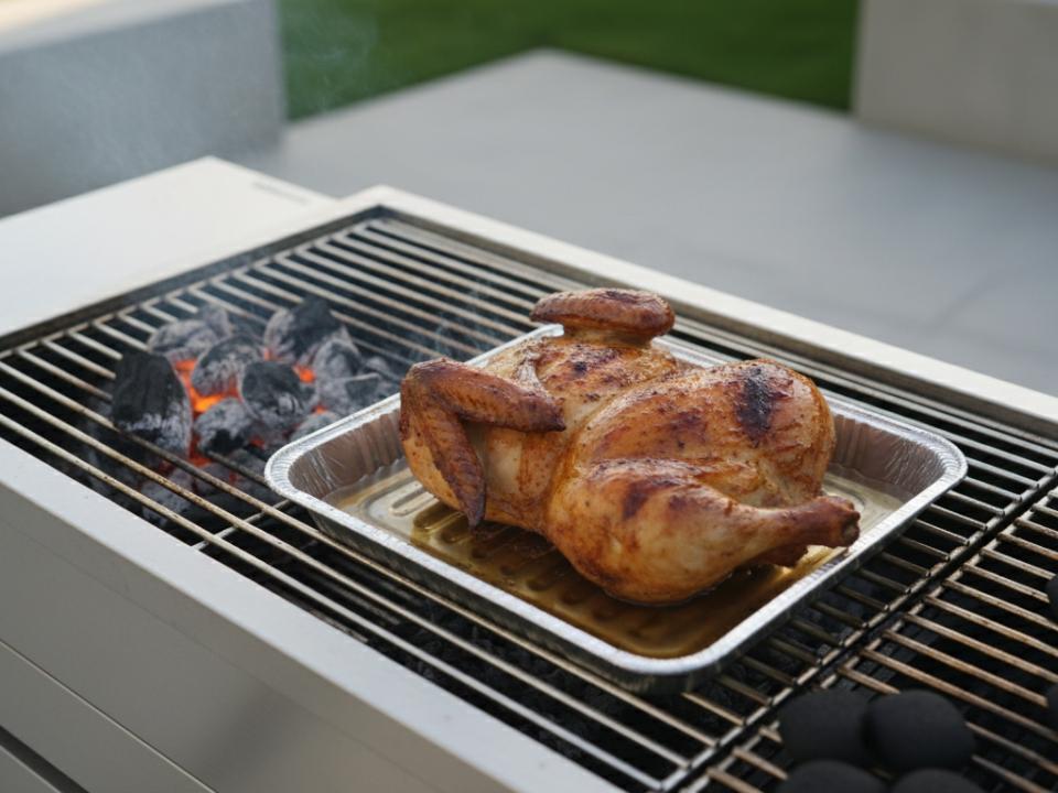 Grilled whole chicken on barbecue with charcoal.