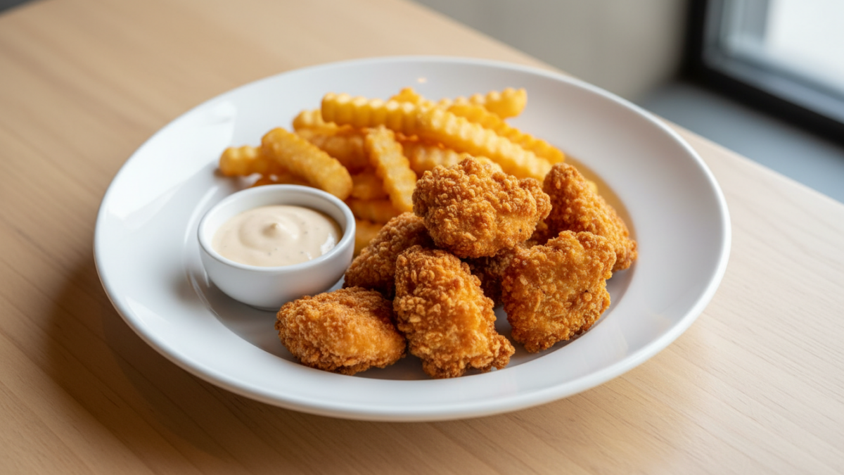 Crispy chicken nuggets with fries and dipping sauce.