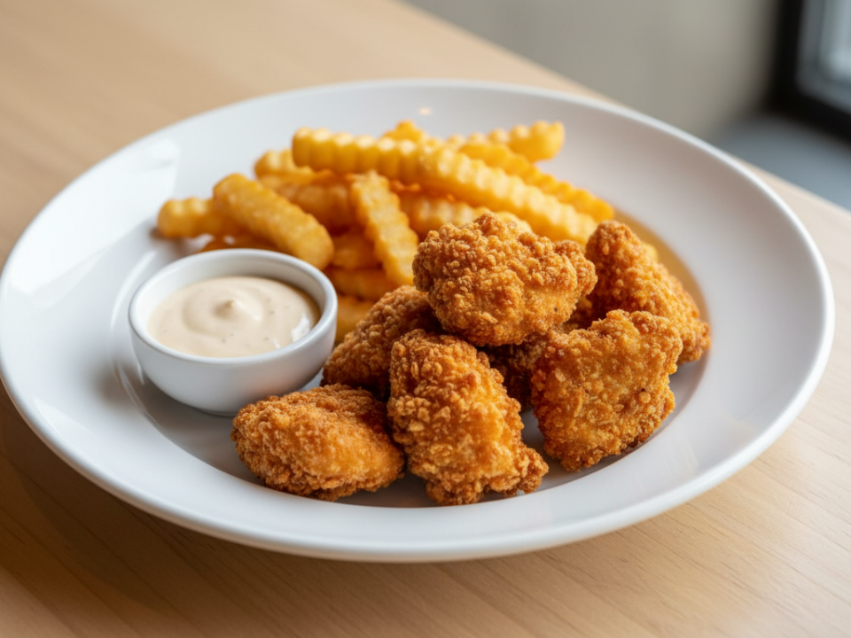 Crispy chicken nuggets with fries and dipping sauce.