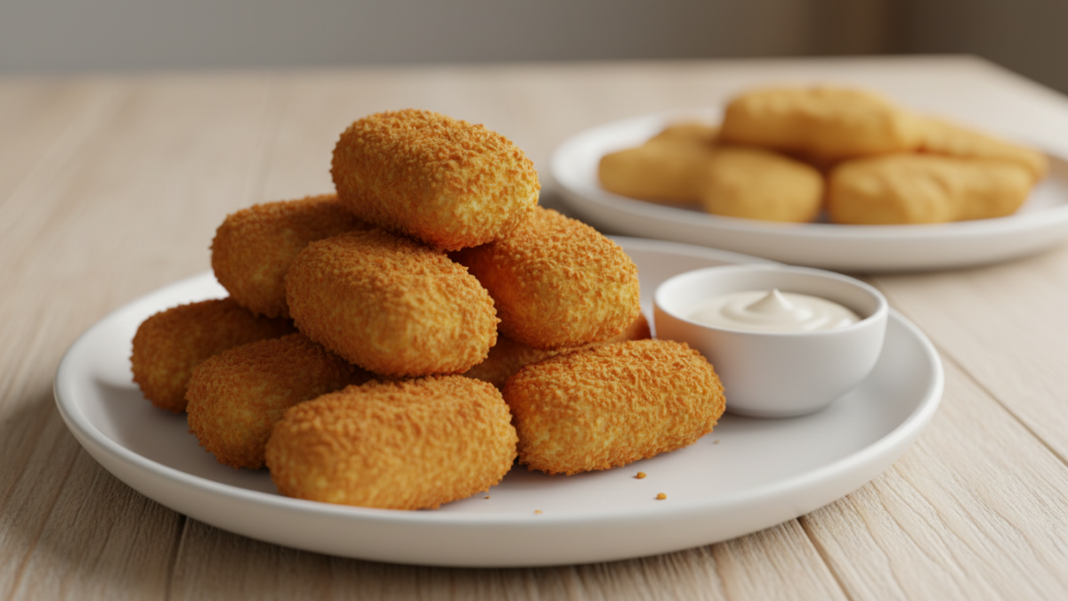 Golden crispy croquettes with dipping sauce on wooden table.