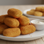Golden crispy croquettes with dipping sauce on wooden table.