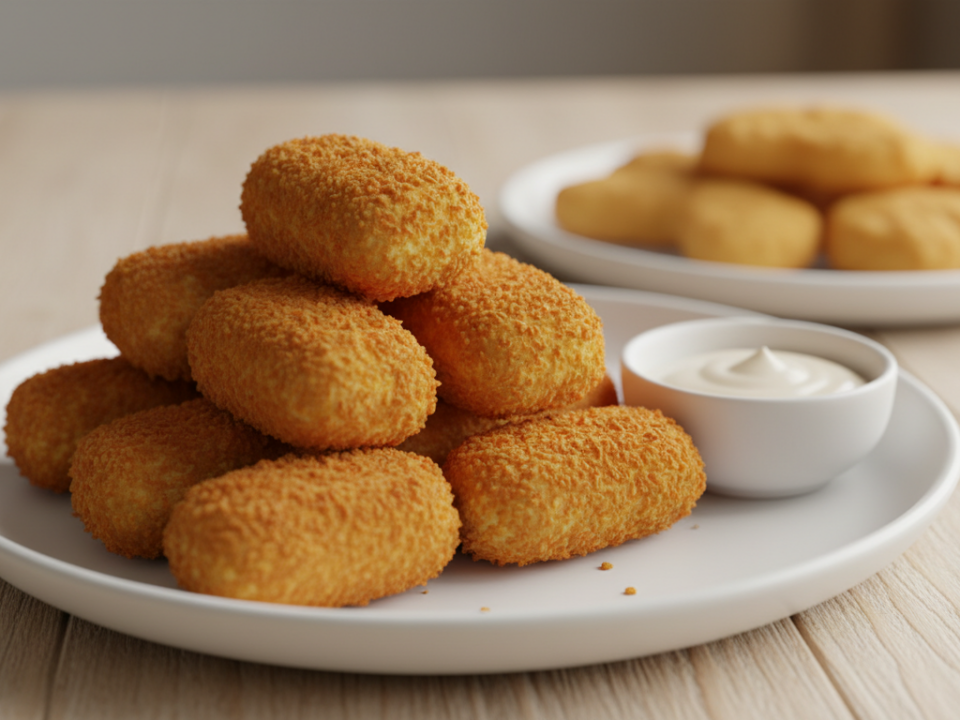 Golden crispy croquettes with dipping sauce on wooden table.