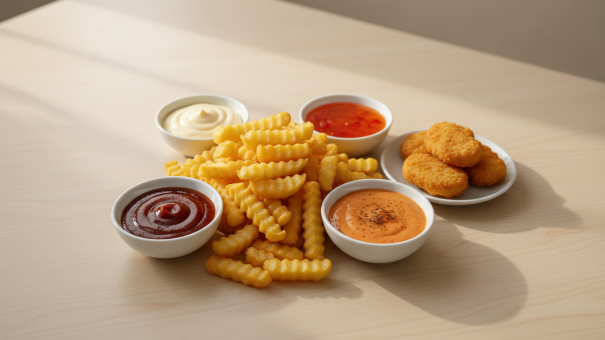 Crinkle-cut fries with sauces and chicken nuggets on table.