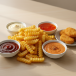 Crinkle-cut fries with sauces and chicken nuggets on table.