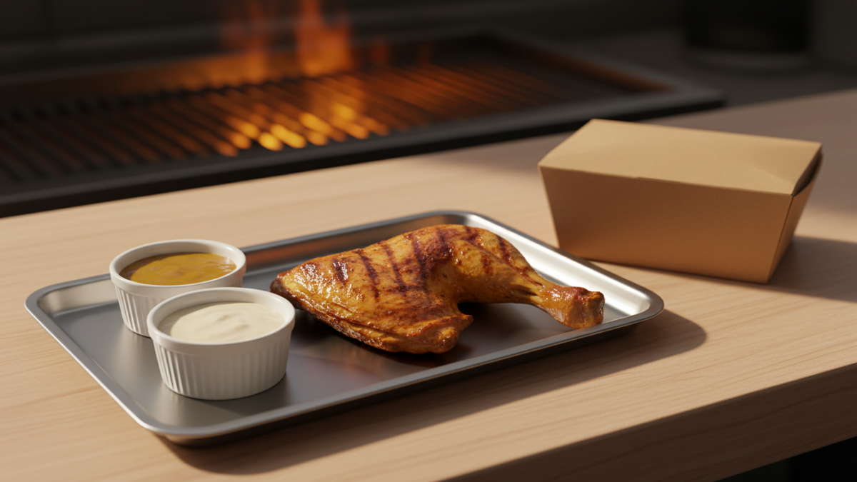 Grilled chicken leg with sauces on tray near grill.
