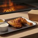 Grilled chicken leg with sauces on tray near grill.