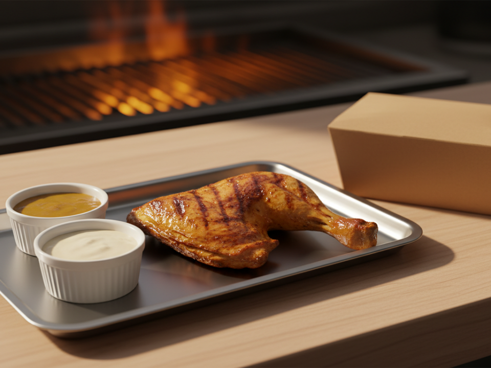 Grilled chicken leg with sauces on tray near grill.