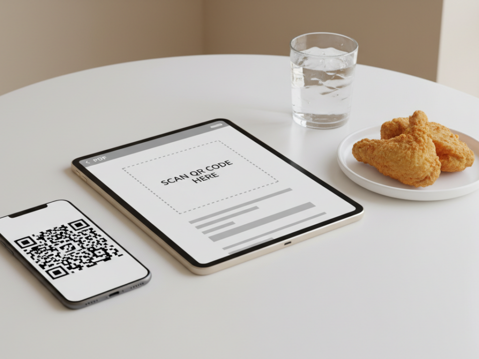 Tablet und Smartphone mit QR-Code, daneben Hähnchen-Nuggets.