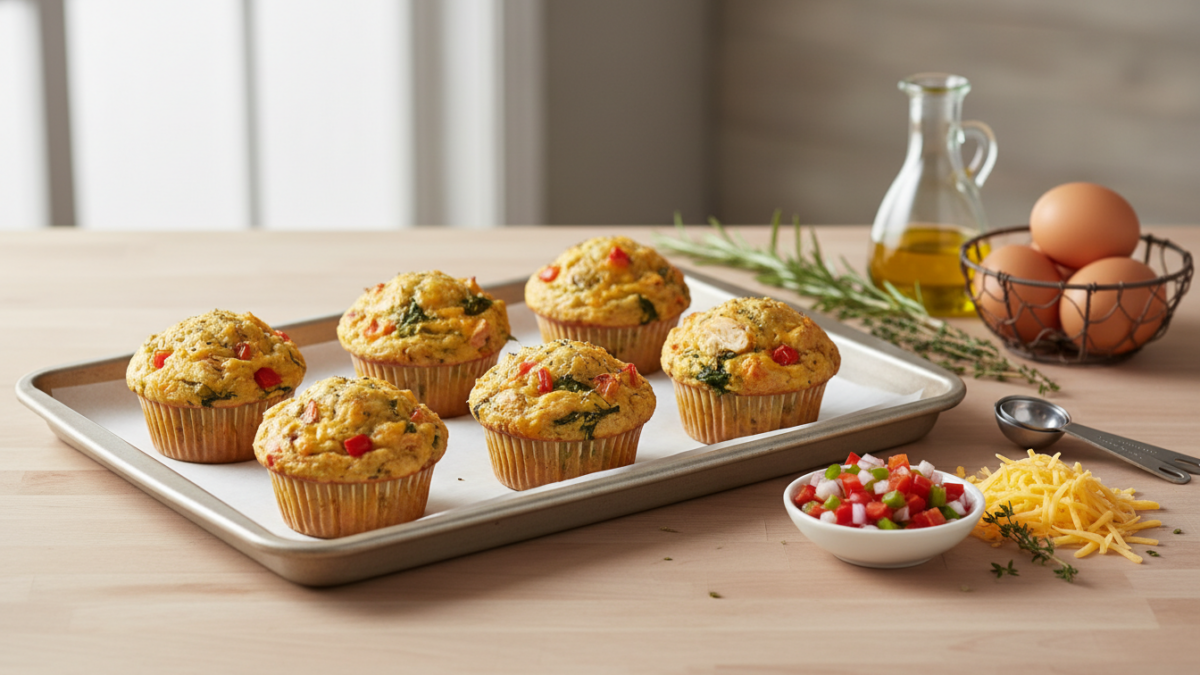 Muffins mit Gemüse auf Backblech, Kräuter garniert.