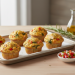 Muffins mit Gemüse auf Backblech, Kräuter garniert.