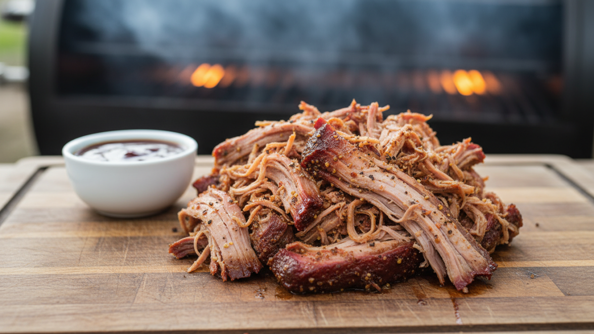 Pulled Pork mit Barbecuesauce auf Holzschneidebrett