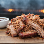Pulled Pork mit Barbecuesauce auf Holzschneidebrett